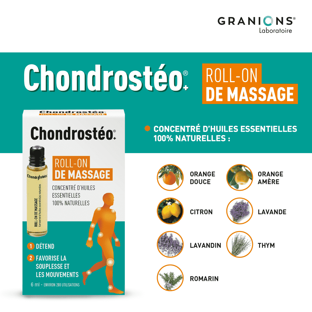 GRANIONS Chondrostéo+ Roll-On de Massage - 6 Ml - Environ 200 Utilisations - 7 Huiles Essentielles 100% Naturelles - Format Nomade Testé Dermatologiquement Laboratoire des Granions - Marque Française - focus ingrédients
