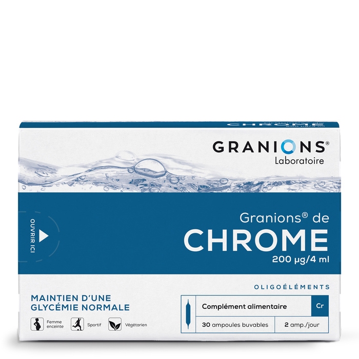 Granions de Chrome - Pack face
Maintien d'une glycémie normale; 
Limite les envies de sucres et les pulsions sucrées