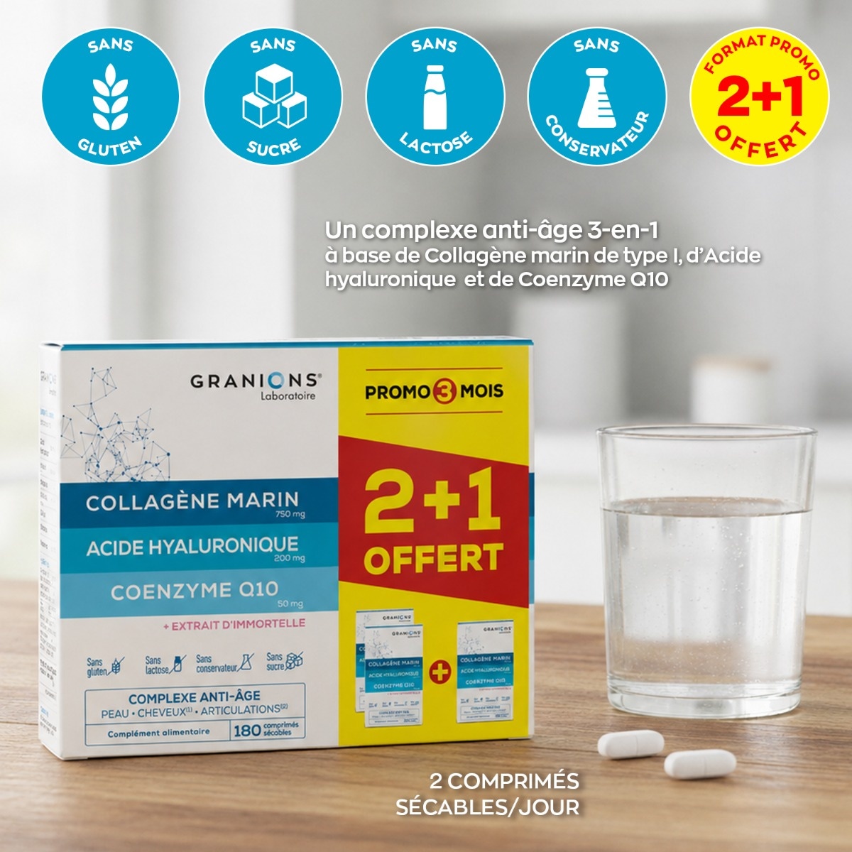 GRANIONS - Complexe Collagène, Acide Hyaluronique & Coenzyme Q10 - 60 comprimés