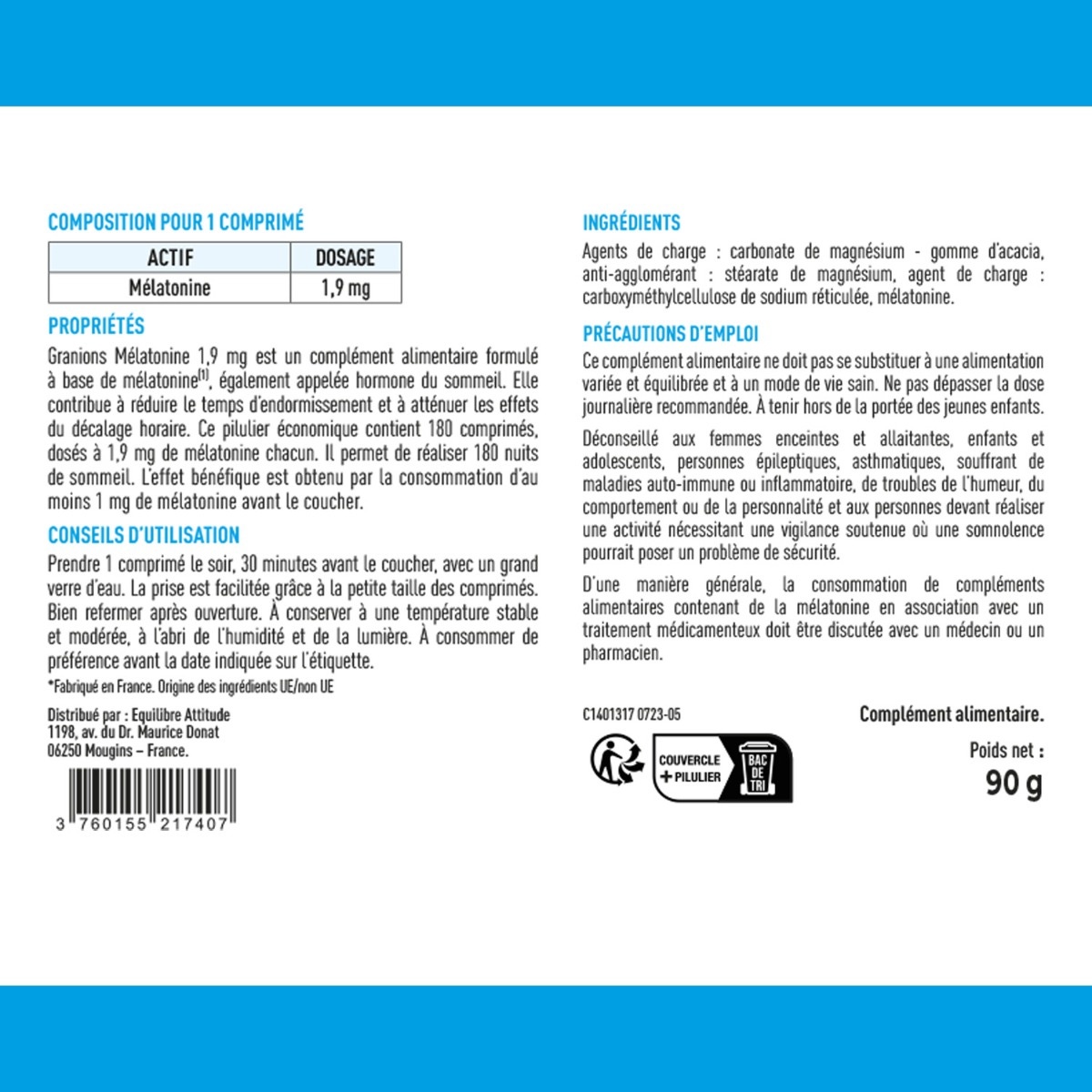 Mélatonine Granions compositions ingredients