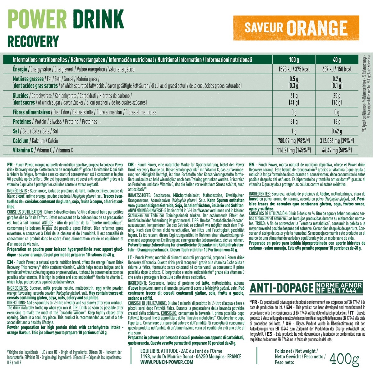 Punch Power Biodrink Recovery - Orange - 400 g