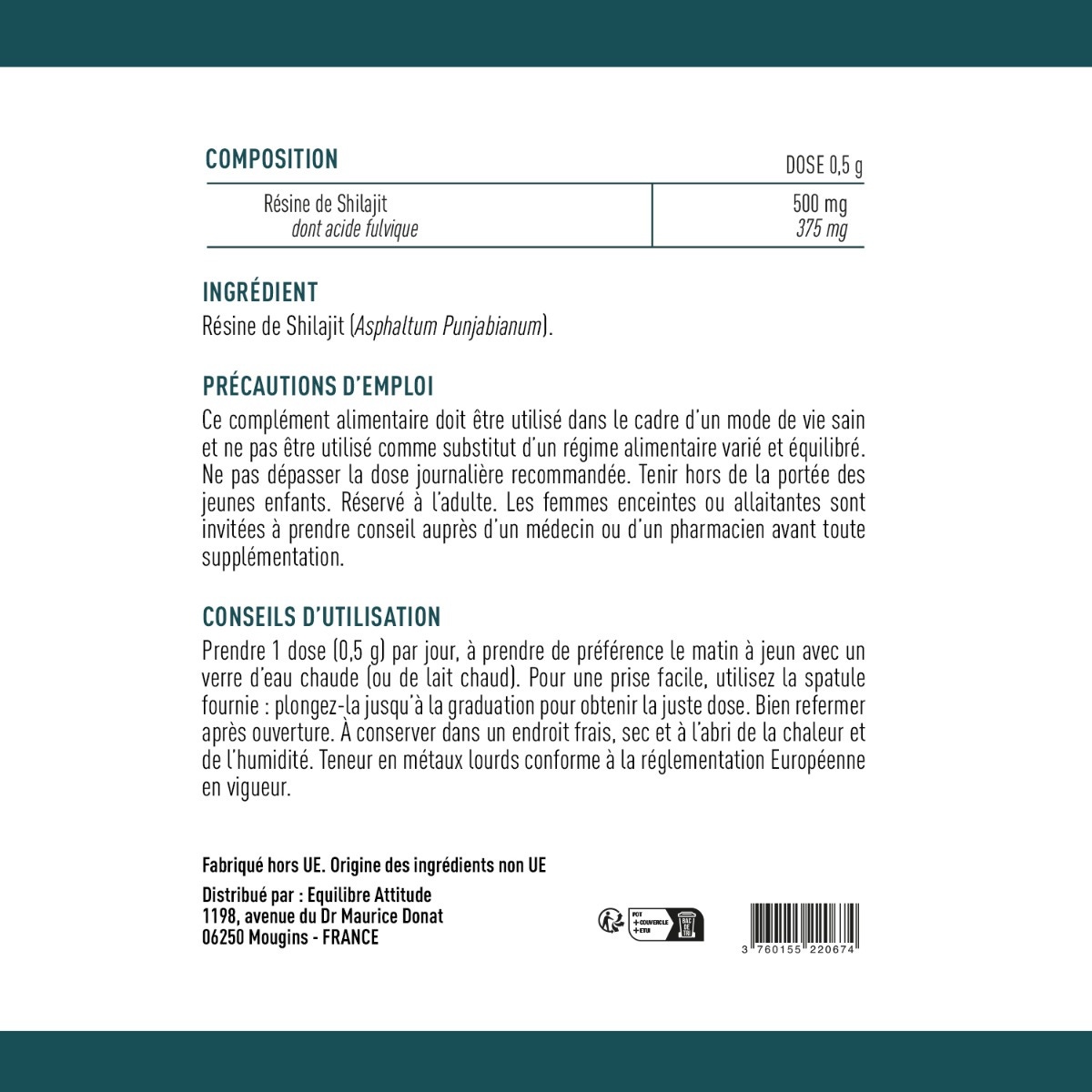 GRANIONS - Shilajit résine pure 500mg - Ingrédient - précaution d'emploi - conseil d'utilisation 