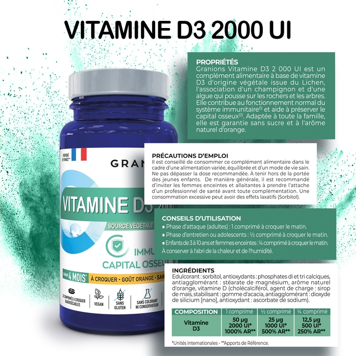 Granions - Pilulier vitamine D3 à croquer - Sans sucres - 2000 UI - Vegan