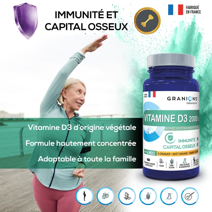 Granions - Pilulier vitamine D3 à croquer - Sans sucres - 2000 UI - Vegan