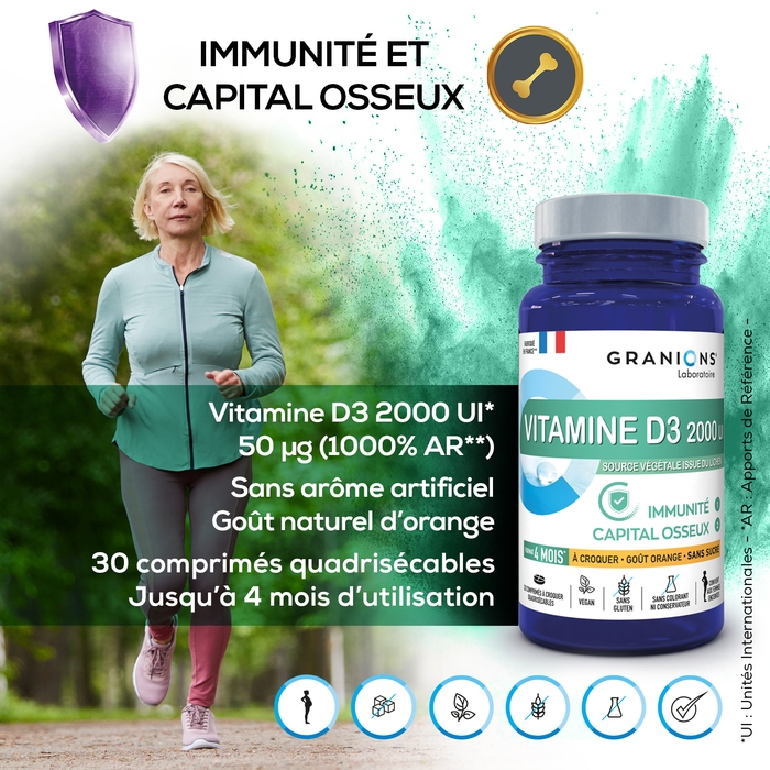 Granions - Pilulier vitamine D3 à croquer - Sans sucres - 2000 UI - Vegan
