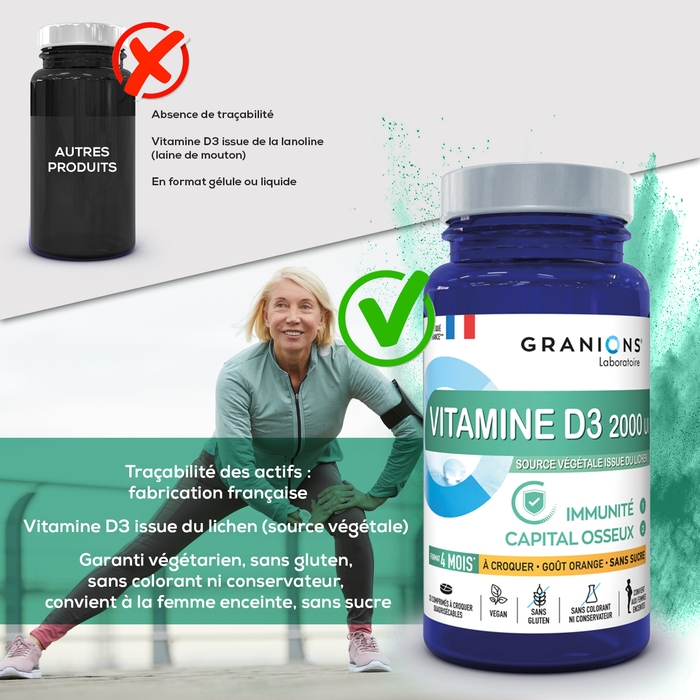 Granions - Pilulier vitamine D3 à croquer - Sans sucres - 2000 UI - Vegan